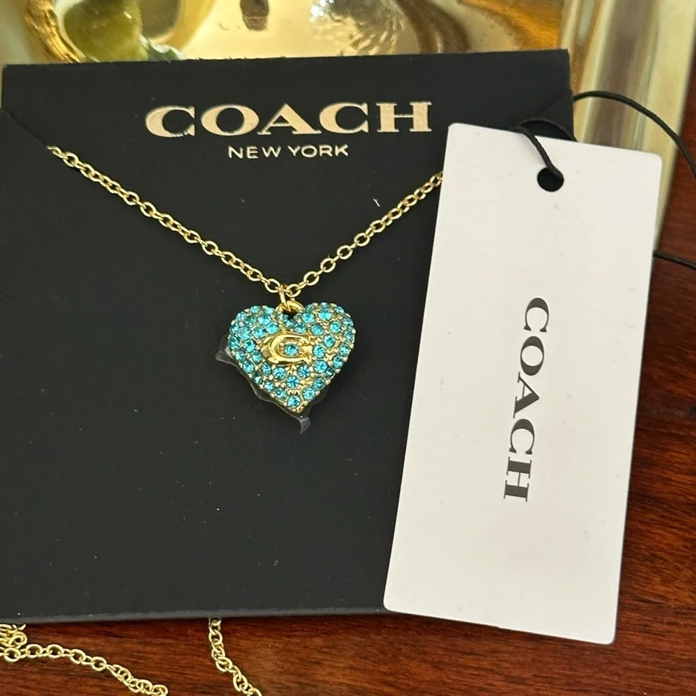 Coach Blue Pave Crystal‎ Signature C Puffed Heart Necklace NWT